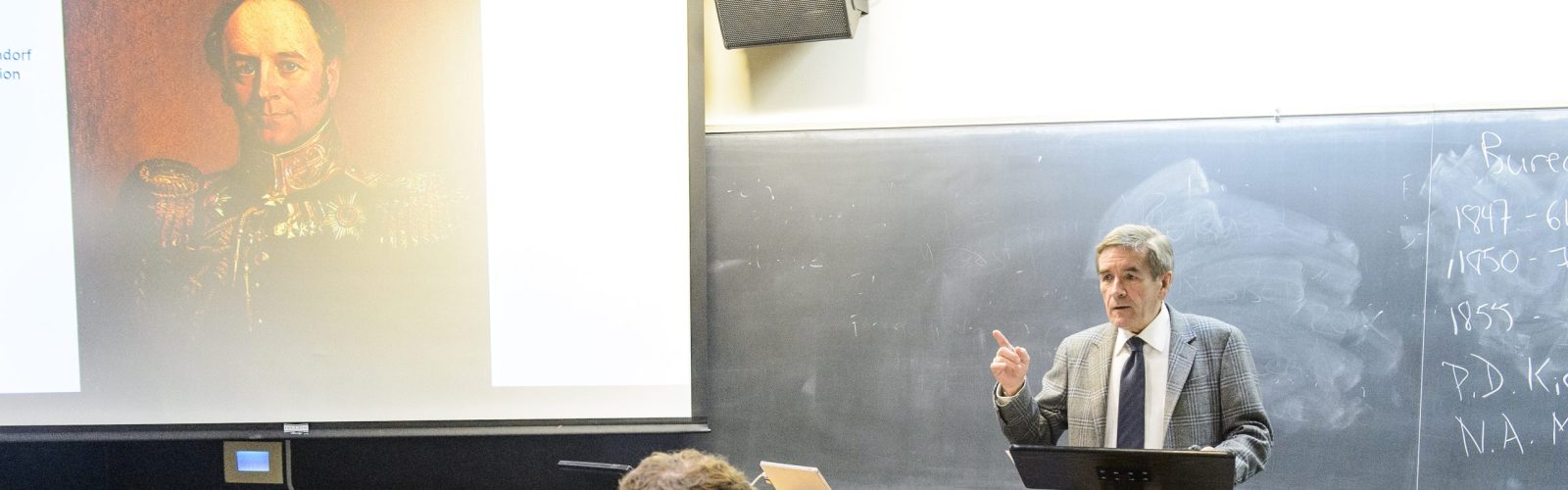 David McDonald, professor of history at the University of Wisconsin-Madison, teaches during a History 418: History of Russia course in the Mosse Humanities Building on Feb. 28, 2018. McDonald is a recipient of a 2018 Distinguished Teaching Award. (Photo by Bryce Richter / UW-Madison)